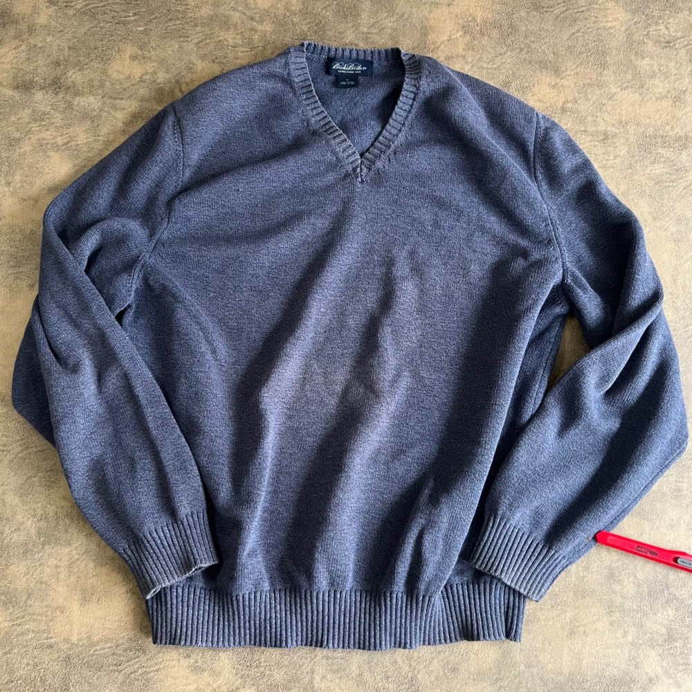 Brooks Brothers V-Neck Sweater‎ Mens XL Blue 100% Cotton Made in USA *FLAW*